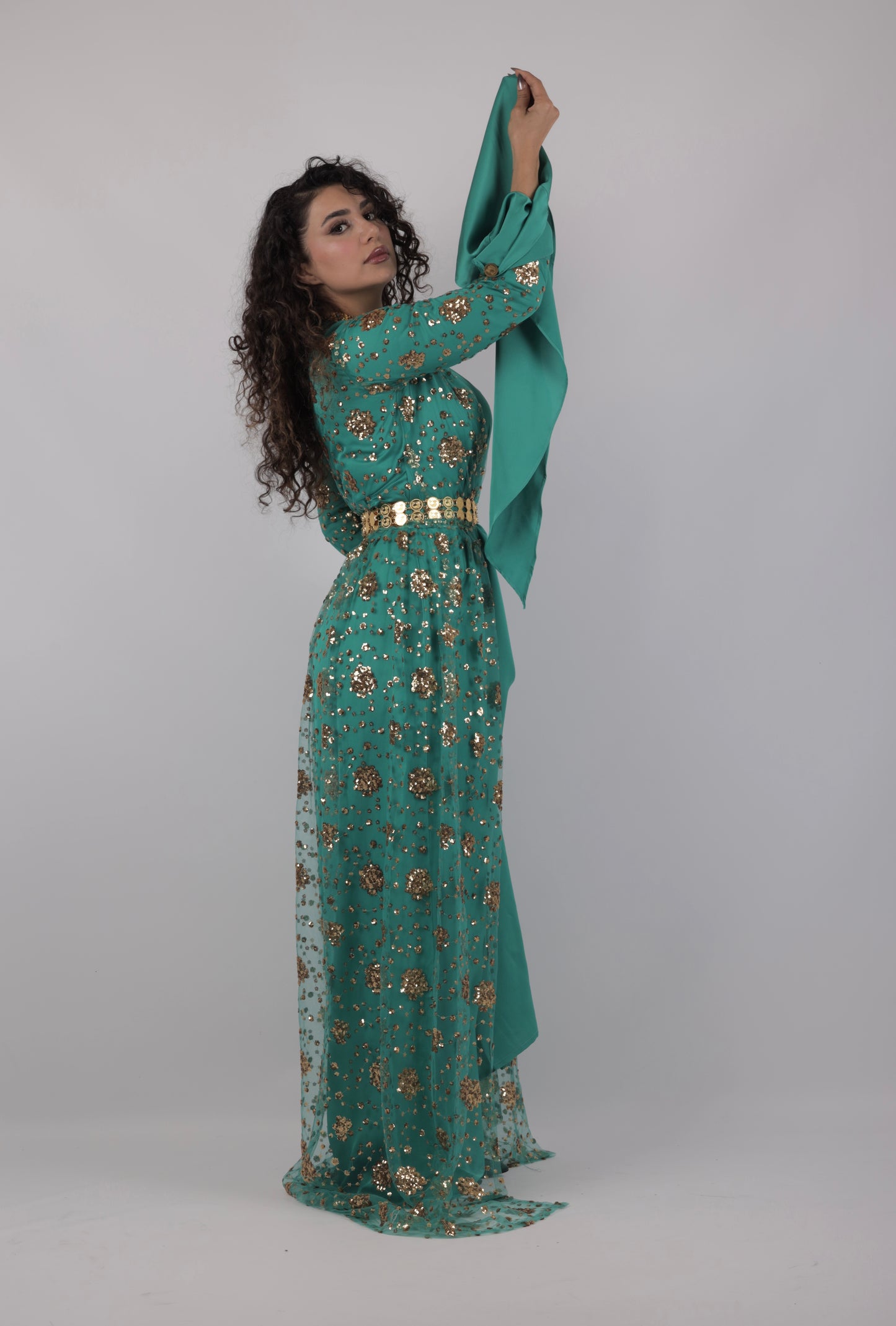 Chro Collection –Badini Model Green Kurdish Dress with Golden Flowers (Badini Model, Celebrity Style) 2 items