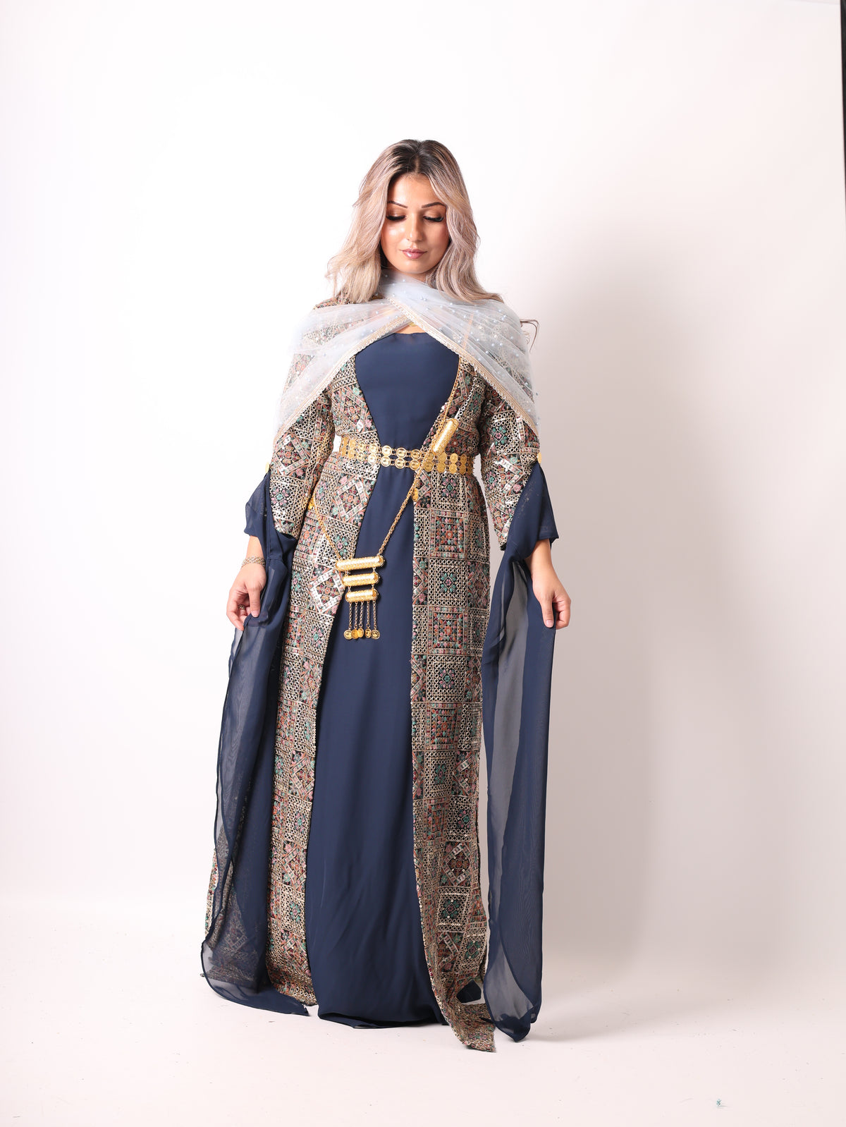 Judi/Cudi Kurdish Dress Navy blue  – Luxury Embroidered 4-Piece Se  Including Dasmal