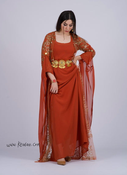 Shkofa – Elegant Kurdish Dress with Golden Sequins Embroidery