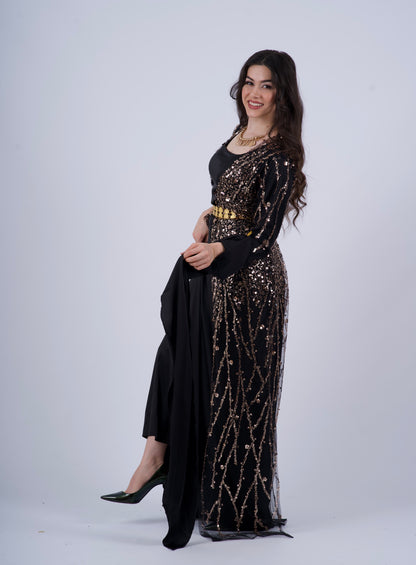 Newroz Kurdish Dress – Black & Gold Sequin Embroidery with Adjustable Satin Silk Kiras