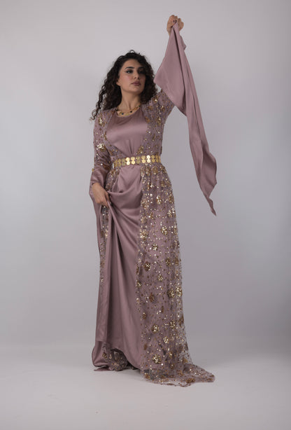 Chro Collection – Badini Design Lavender Kurdish Dress with Golden Flowers (Badini Design, 2-Piece Set)