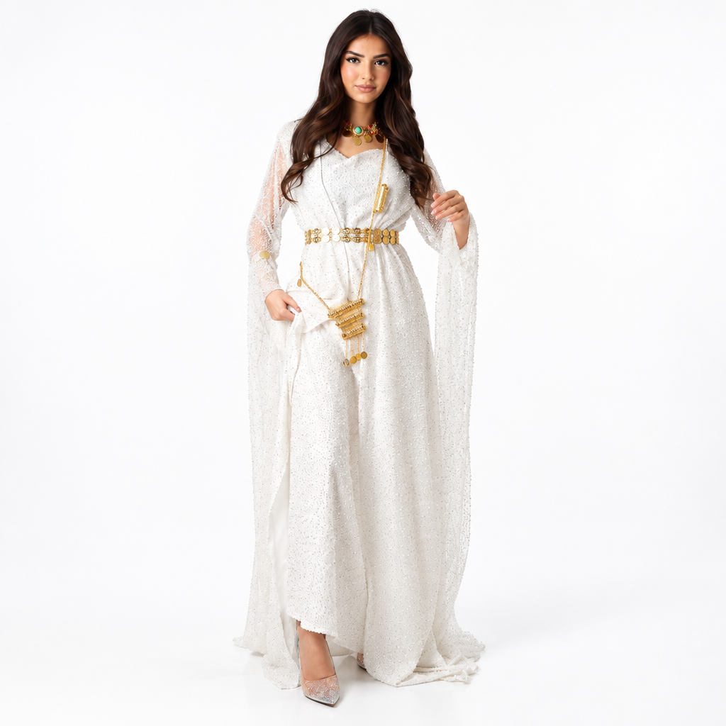White pearls Luxury Kurdish Dress for Bride