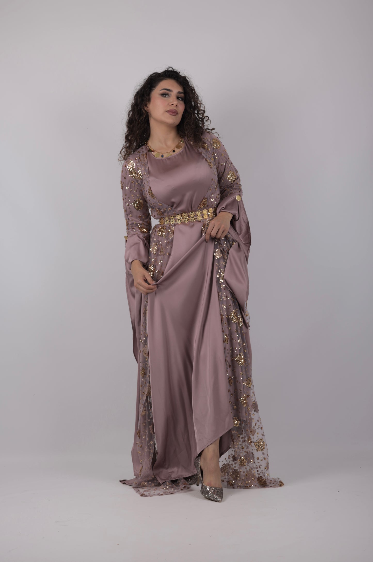 Chro Collection – Badini Design Lavender Kurdish Dress with Golden Flowers (Badini Design, 2-Piece Set)
