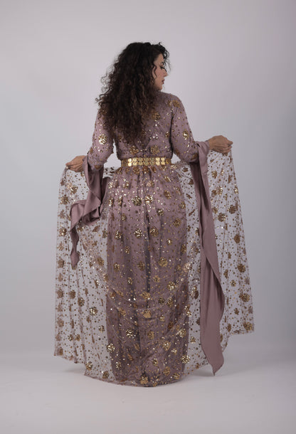 Chro Collection – Badini Design Lavender Kurdish Dress with Golden Flowers (Badini Design, 2-Piece Set)