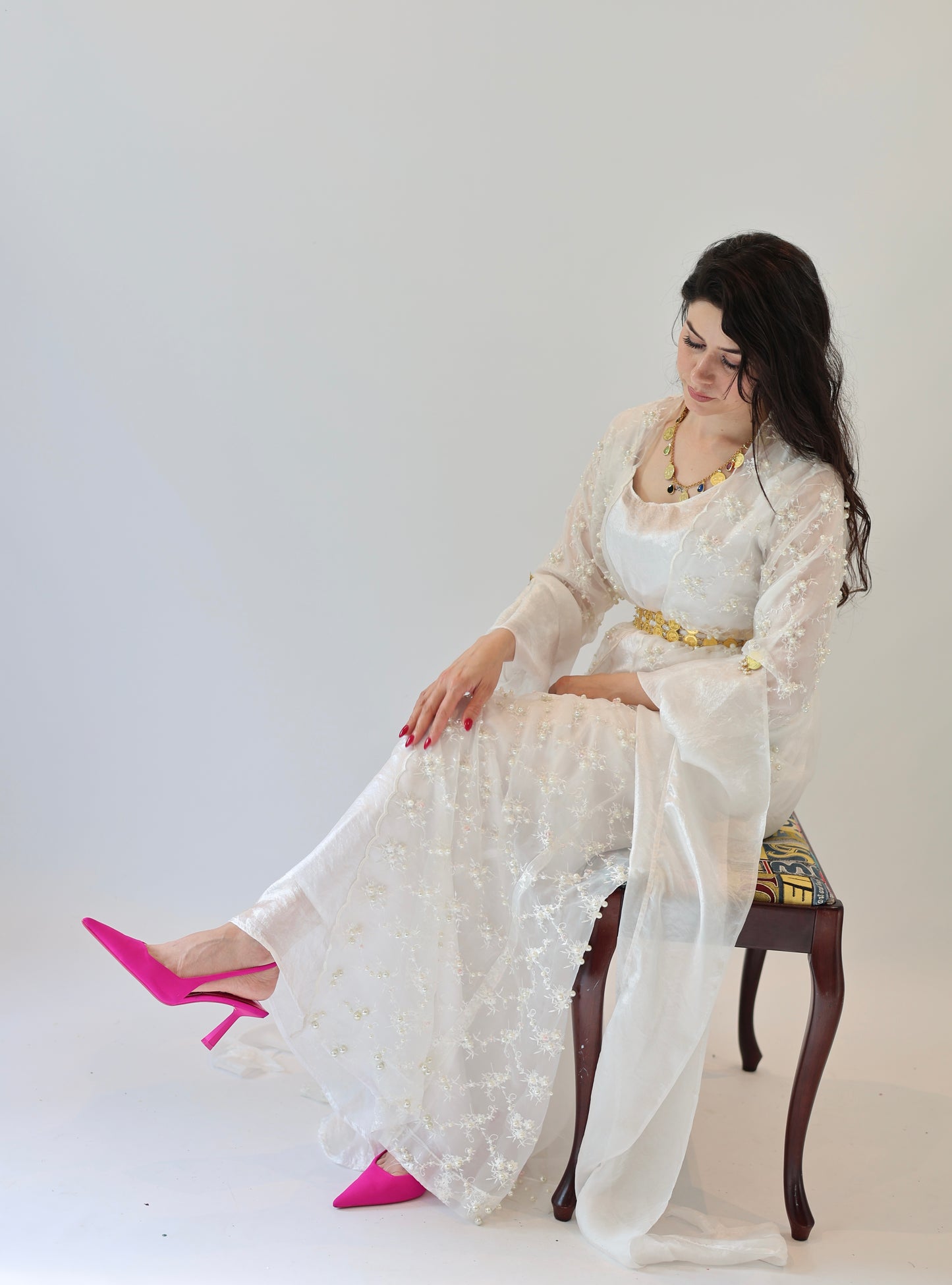 White Dress with shell pearls hand beaded