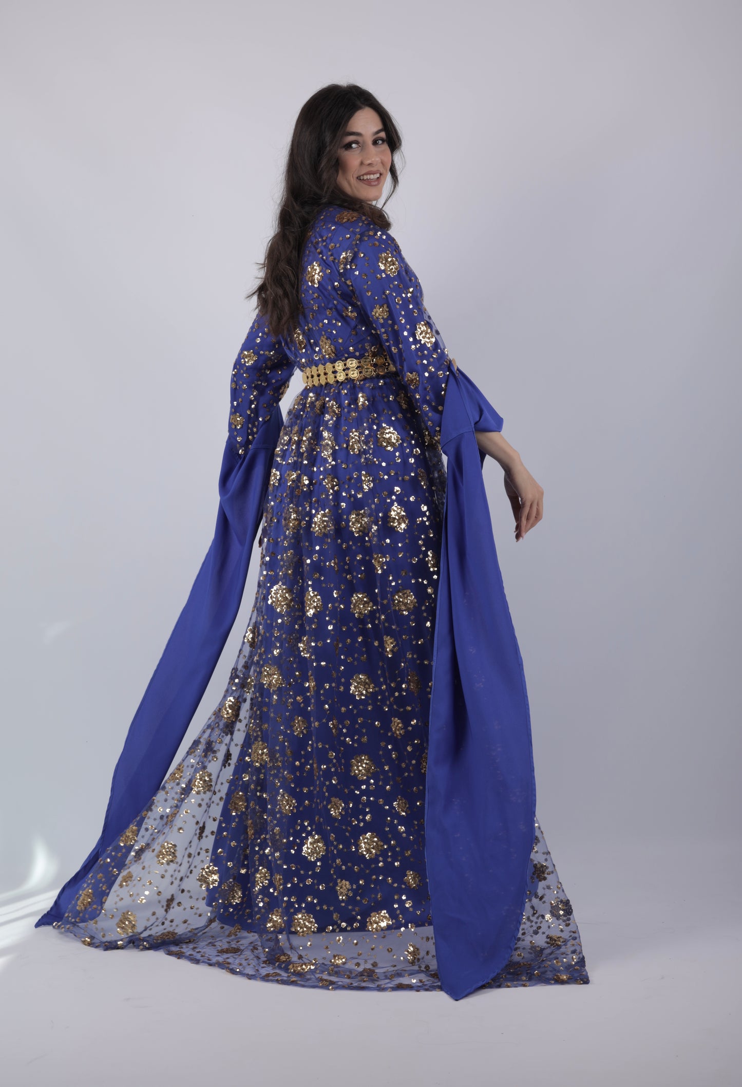 Chro Collection – Badini Model, Carbon Blue Kurdish Dress with Golden Flowers ( 2-Piece Set)