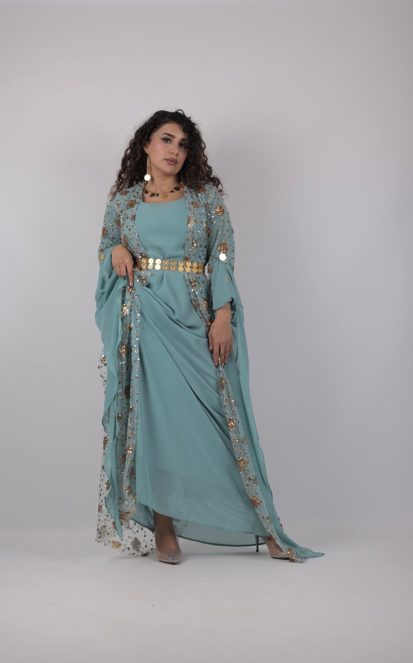Chro Collection – Sky Blue Kurdish Dress with Golden Sequin Flowers ( 3 items)