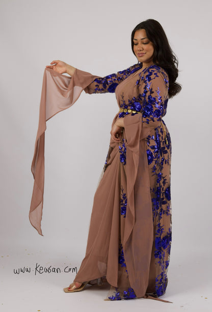 Dildar Collection Kurdish dress in carbon blue and nude