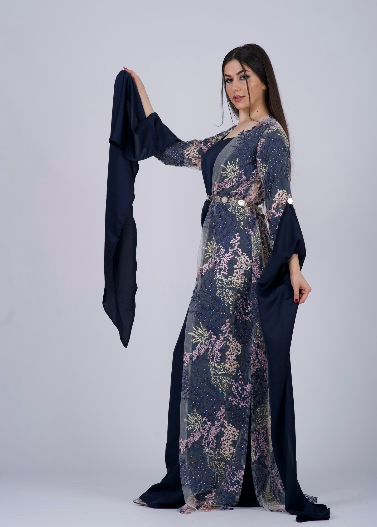 Baxan Collection Navy blue – Elegant Mesh Embroidered Kurdish Dress with Satin Silk Kiras