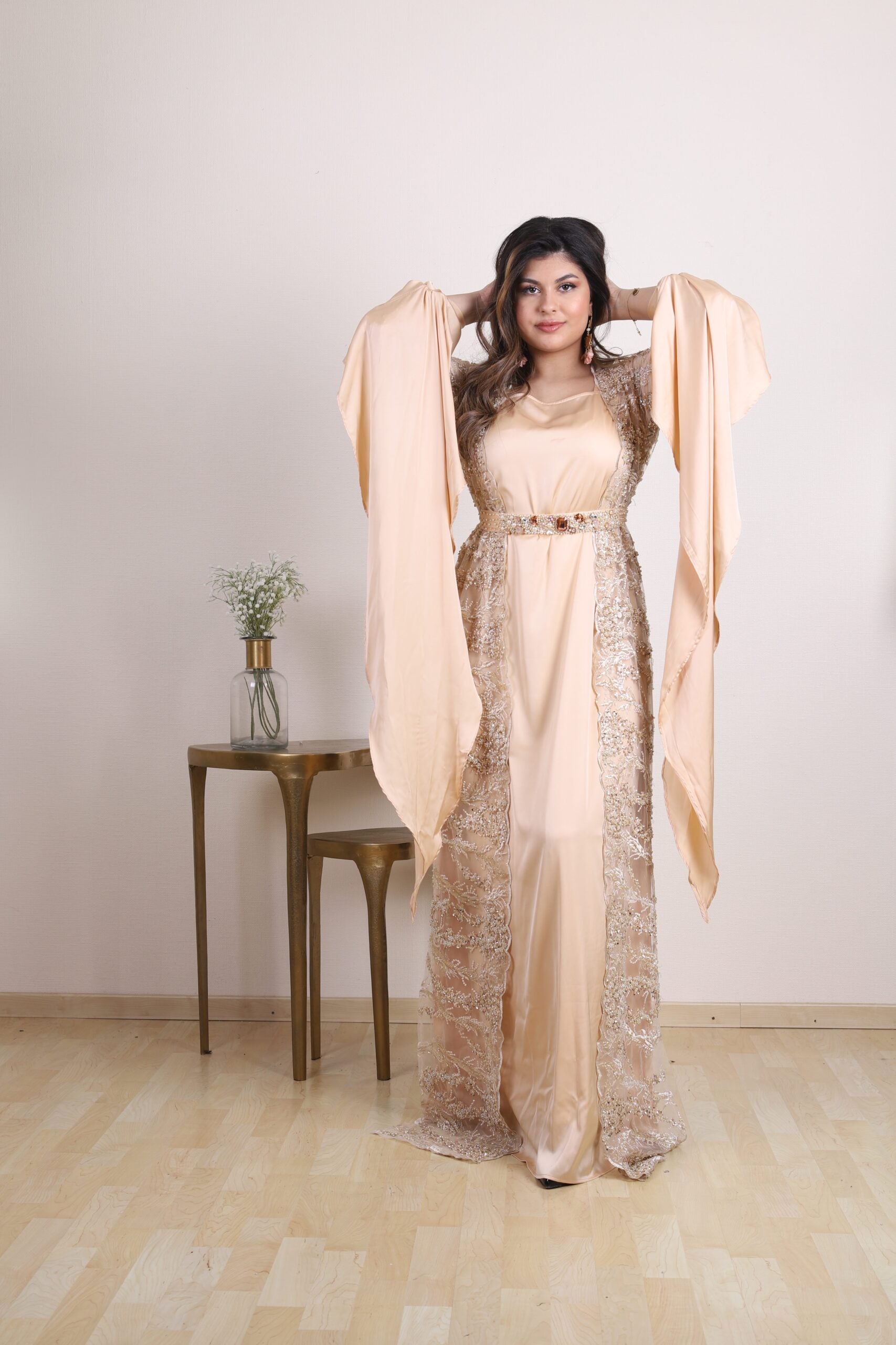 Luxury Hand Beaded peach Champagne set with beltKewsan textile and more Kurdish women, Kurdish clothes, Kurdische kleider