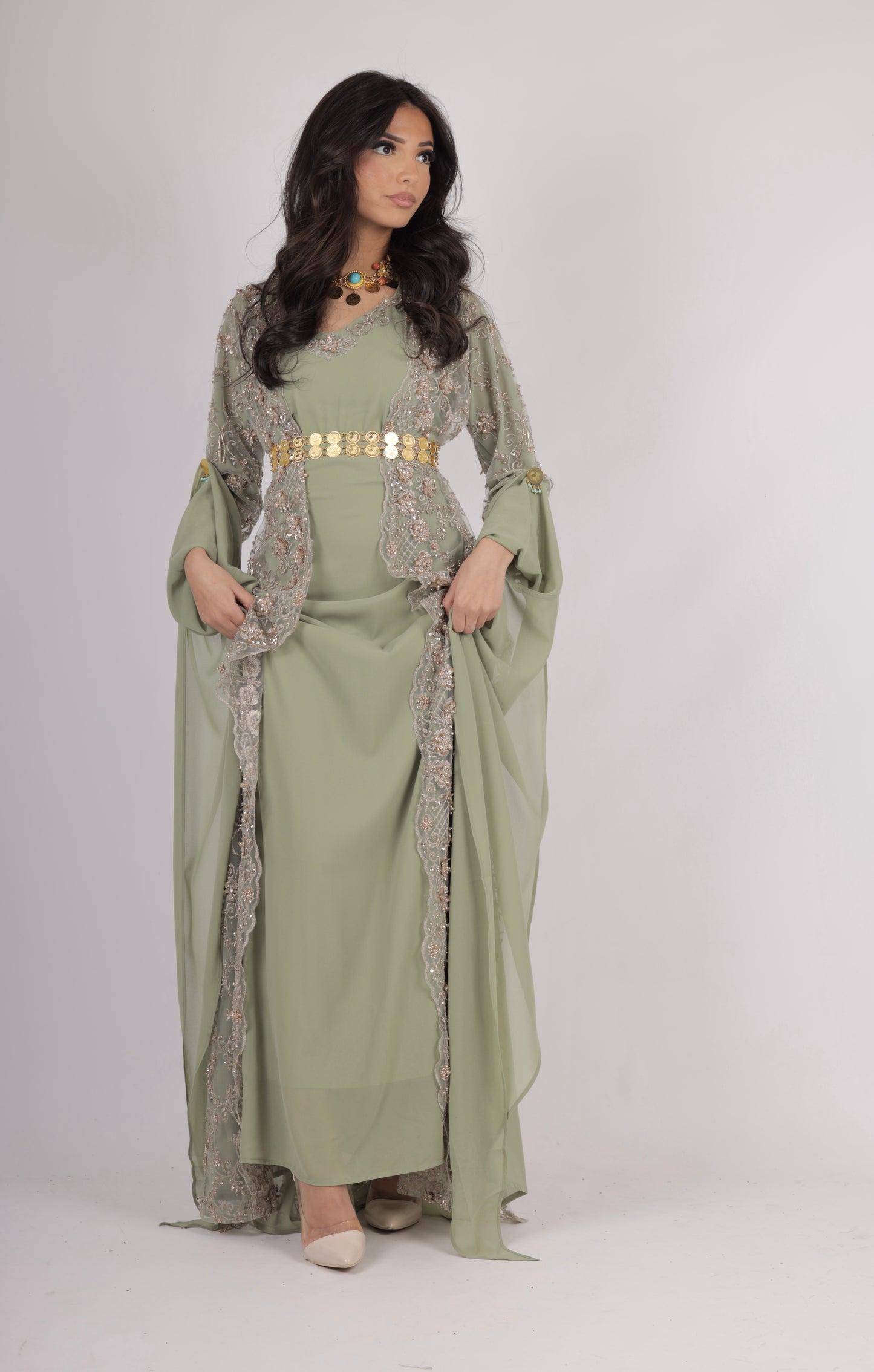 Awaz Kurdish Dress Light  Green  Golden  hand beaded