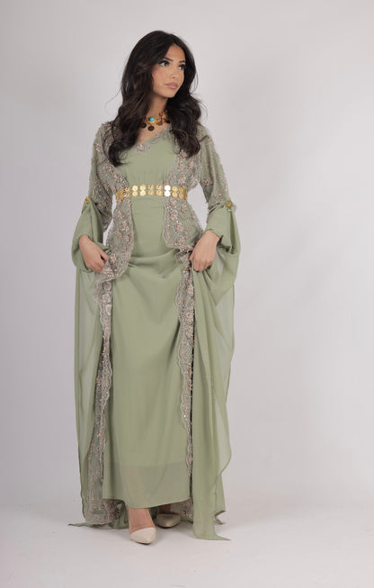 Awaz Kurdish Dress Light  Green  Golden  hand beaded