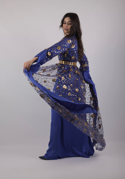Chro Collection – Badini Model, Carbon Blue Kurdish Dress with Golden Flowers ( 2-Piece Set)