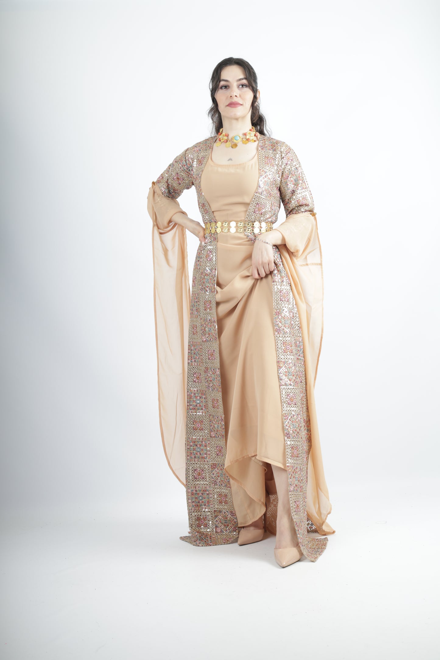 Cudi Kurdish Dress Green – Luxury Embroidered 3-Piece Set Mint green peach