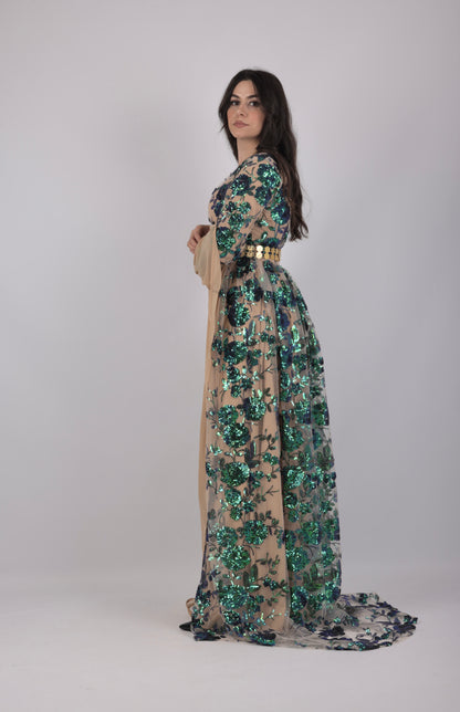 Dildar Kurdish Dress – Badini Style in Green Blue Sequins