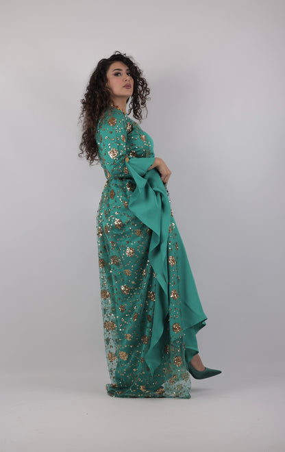 Chro Collection –Badini Model Green Kurdish Dress with Golden Flowers (Badini Model, Celebrity Style) 2 items