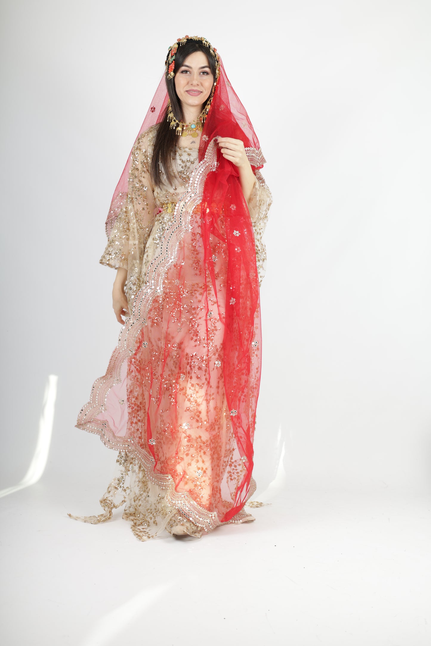Shkofa Collection – Gold Sequin Embroidered Kras & Kawa and red long veil