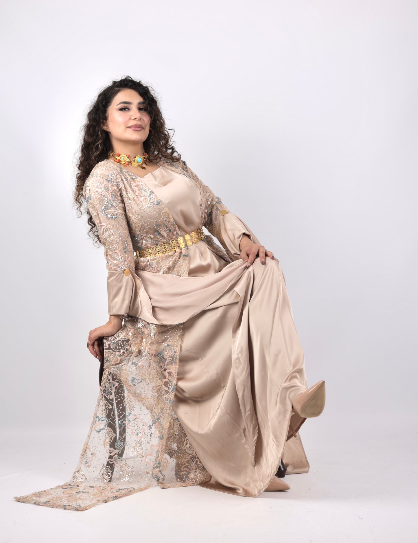 Xeyal Kurdish Dress – Coffee Brown with Pink & Turquoise | Elegant Traditional Kurdish Outfit