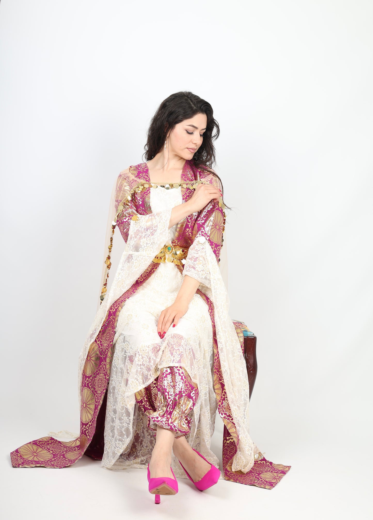 l💕Hafse Xan Collection – 4-Piece Kurdish Dress Set (Golden, Maroon with Off-White)