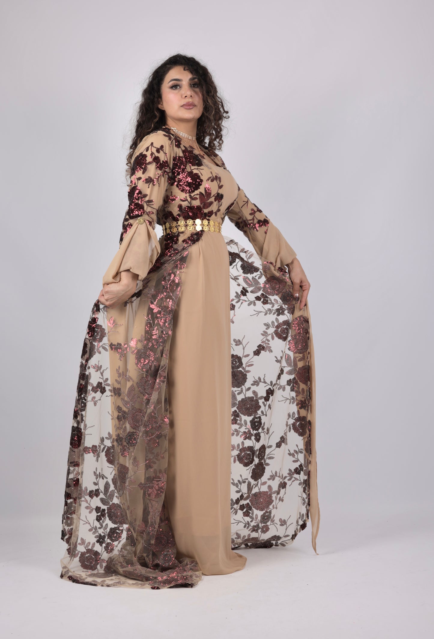Dildar Kurdish Dress – Badini Style in Shiny Red Wine Sequins
