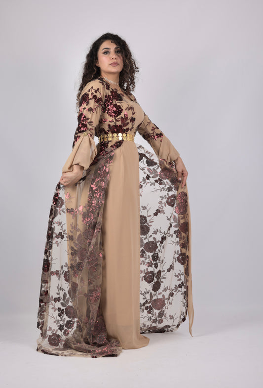 Dildar Kurdish Dress – Badini Style in Shiny Red Wine Sequins