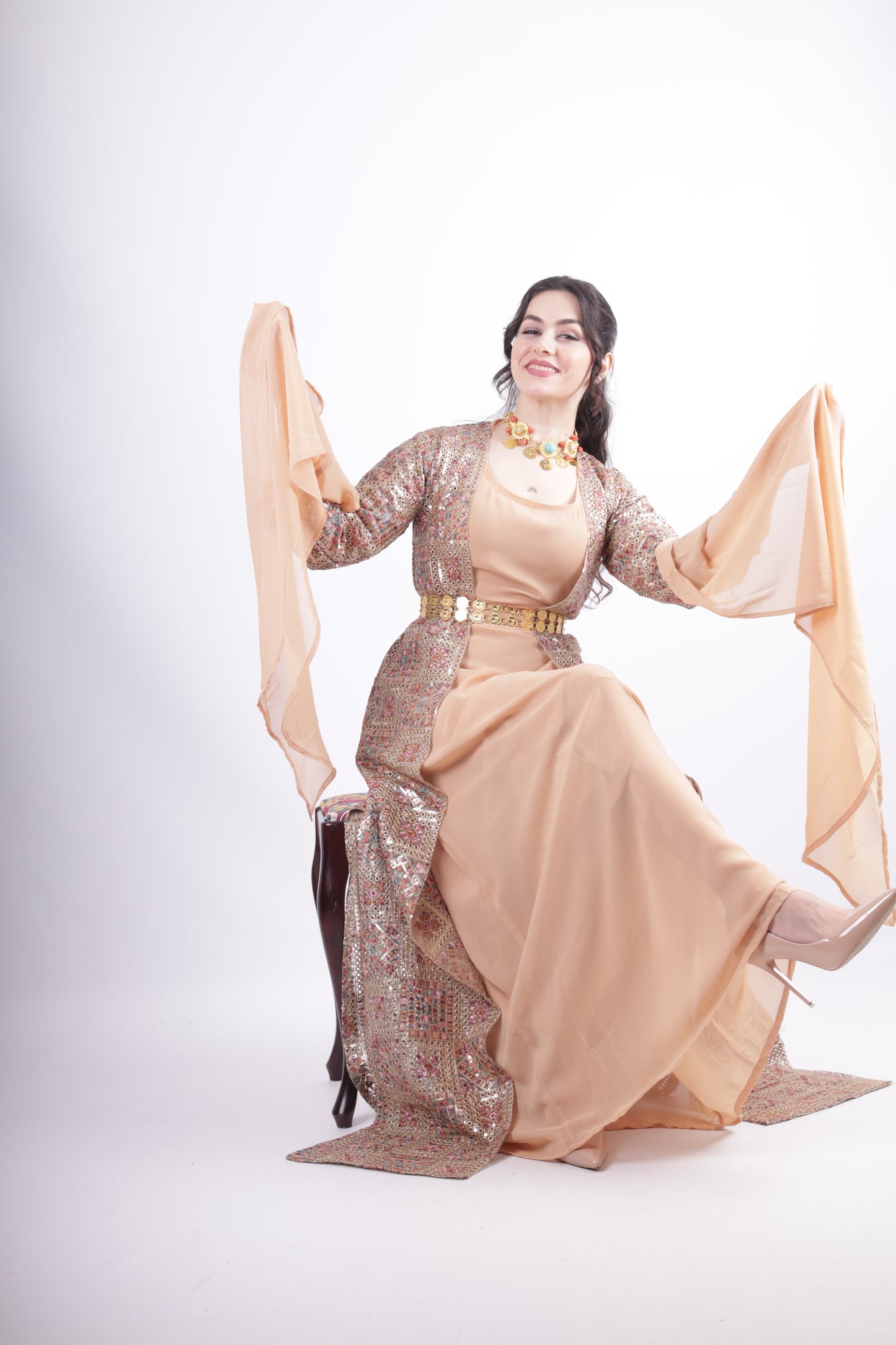 Cudi Kurdish Dress Green – Luxury Embroidered 3-Piece Set Mint green peach