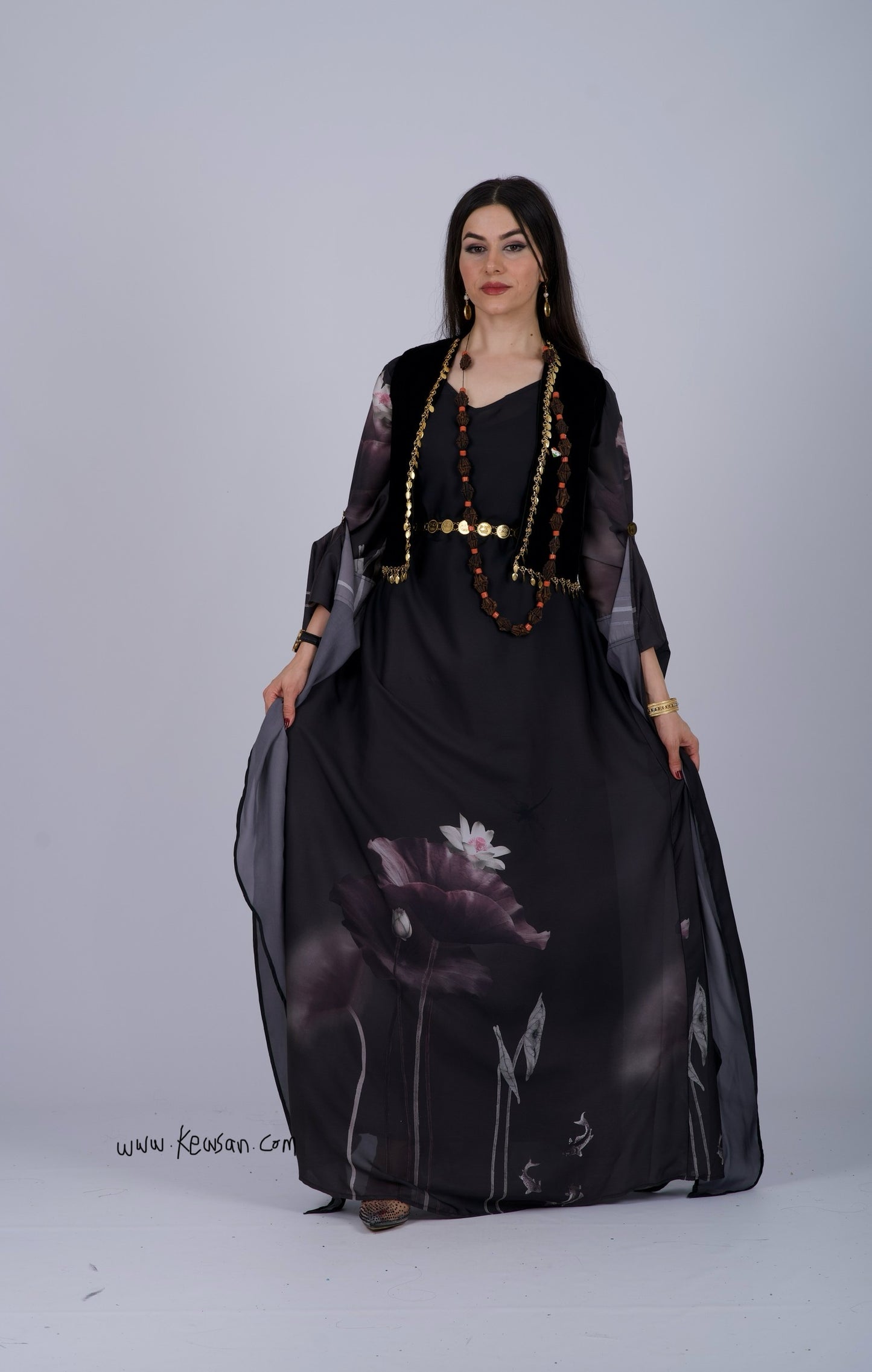 Black Satin Kurdish Dress with Velvet Hêlak and Gobarok Chain 4 items