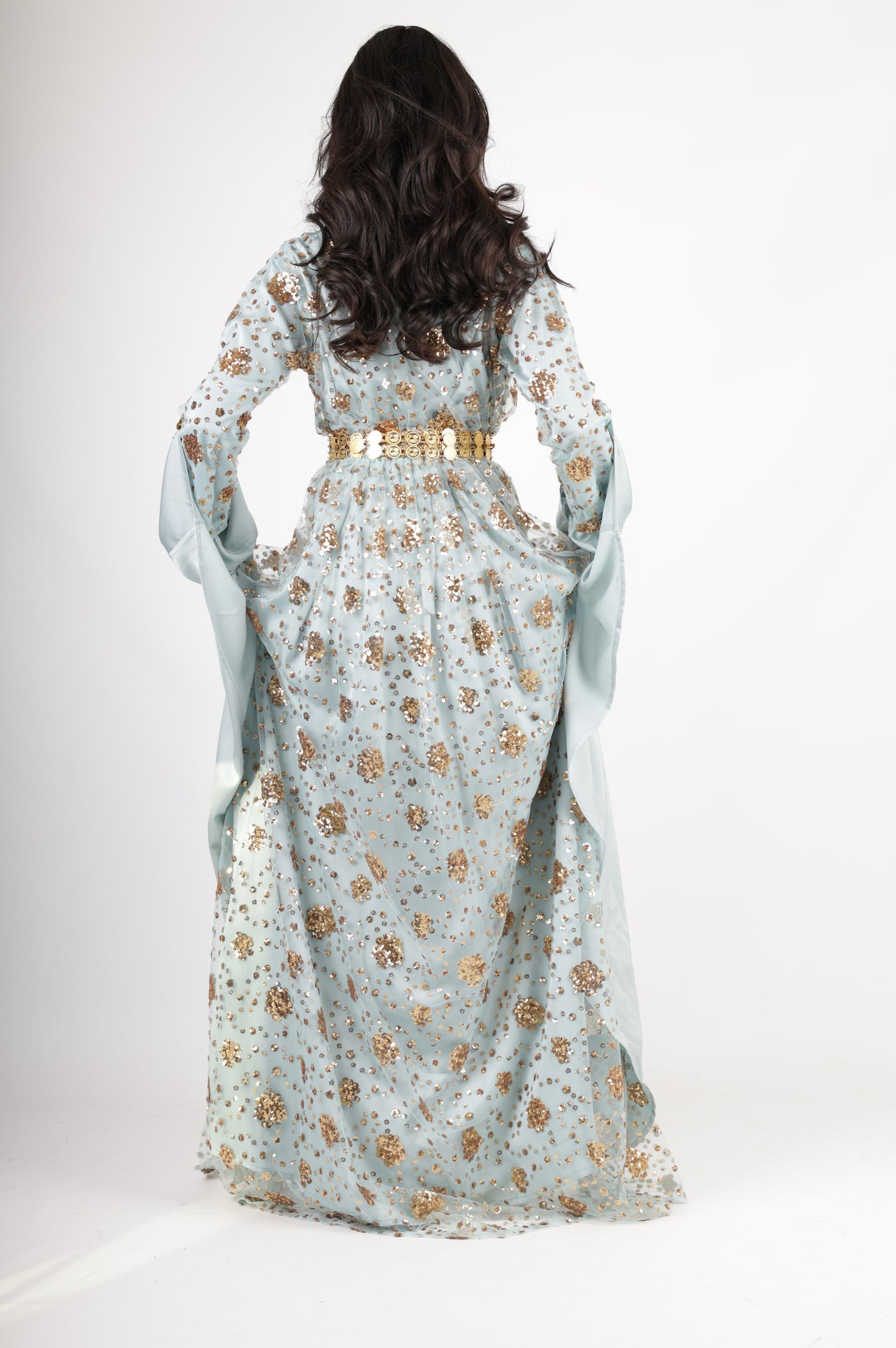 Chro Collection Badini Model – Blue Kurdish Dress with Golden Flowers (2-Piece Set)