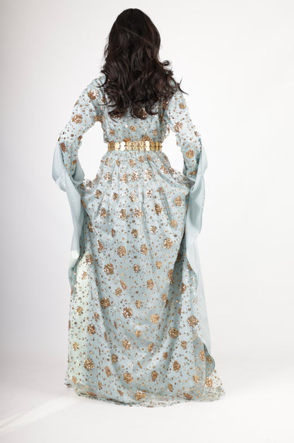 Chro Collection Badini Model – Blue Kurdish Dress with Golden Flowers (2-Piece Set)
