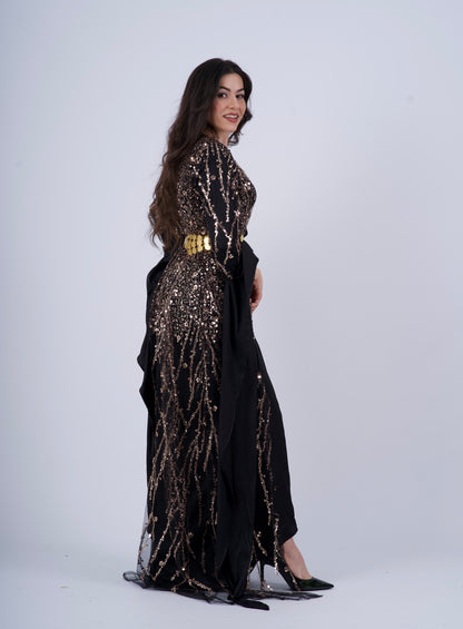 Newroz Kurdish Dress – Black & Gold Sequin Embroidery with Adjustable Satin Silk Kiras