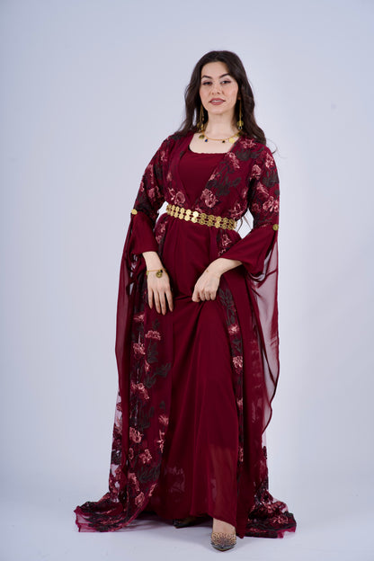 Badini KurdishDress– Burgundy with Dark Green Flowers