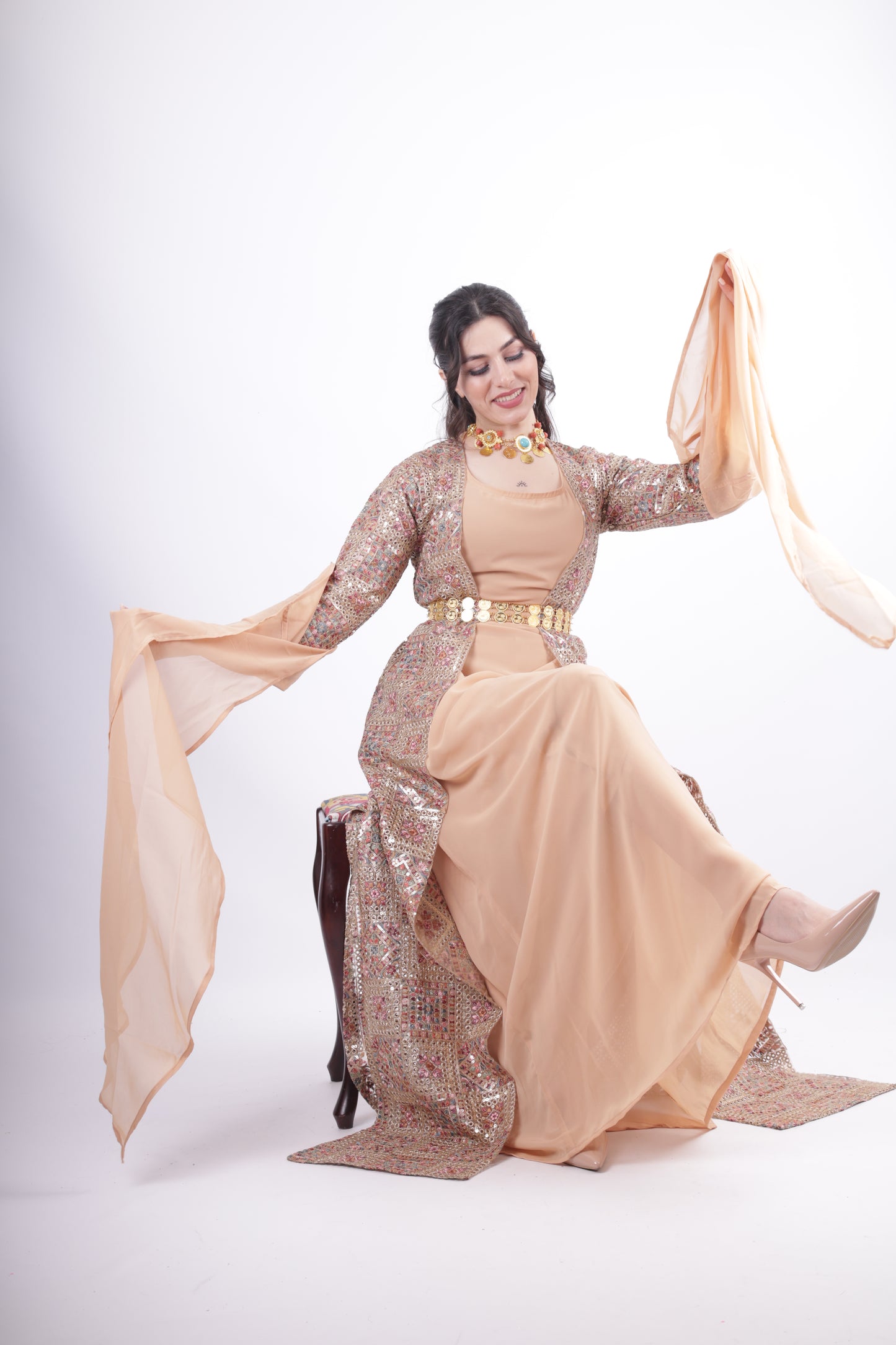 Cudi Kurdish Dress Green – Luxury Embroidered 3-Piece Set Mint green peach