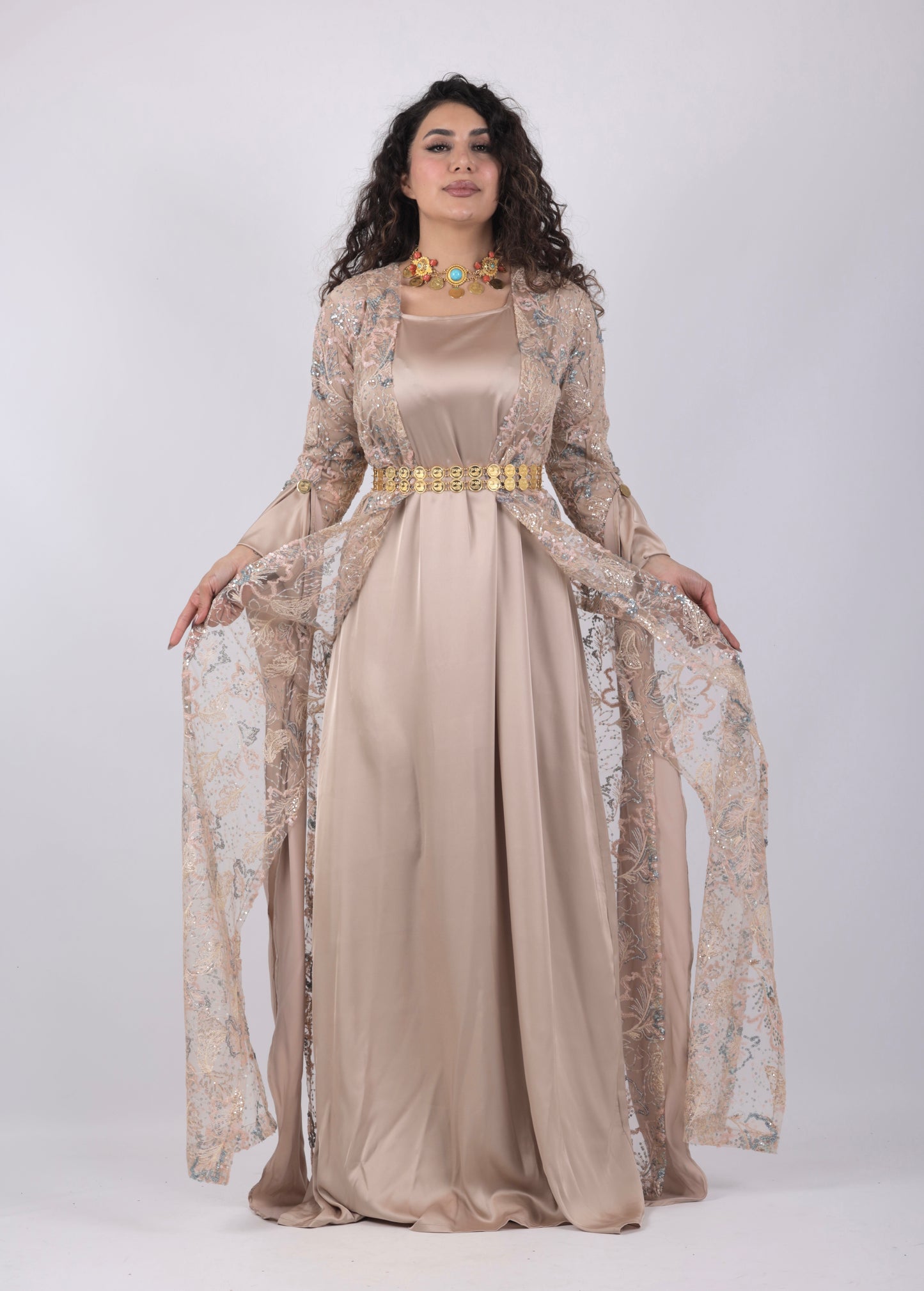 Xeyal Kurdish Dress – Coffee Brown with Pink & Turquoise | Elegant Traditional Kurdish Outfit