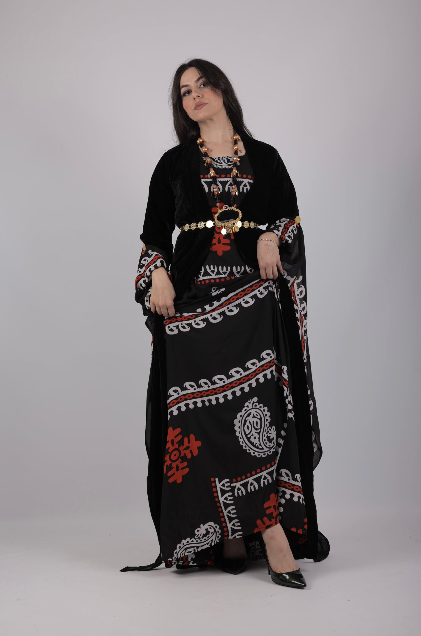 Golwanî, Hawrî Kiras & Orange - with Velvet – Traditional Kurdish 3-Piece Dress