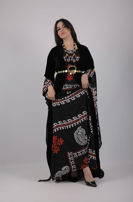 Golwanî, Hawrî Kiras & Orange - with Velvet – Traditional Kurdish 3-Piece Dress