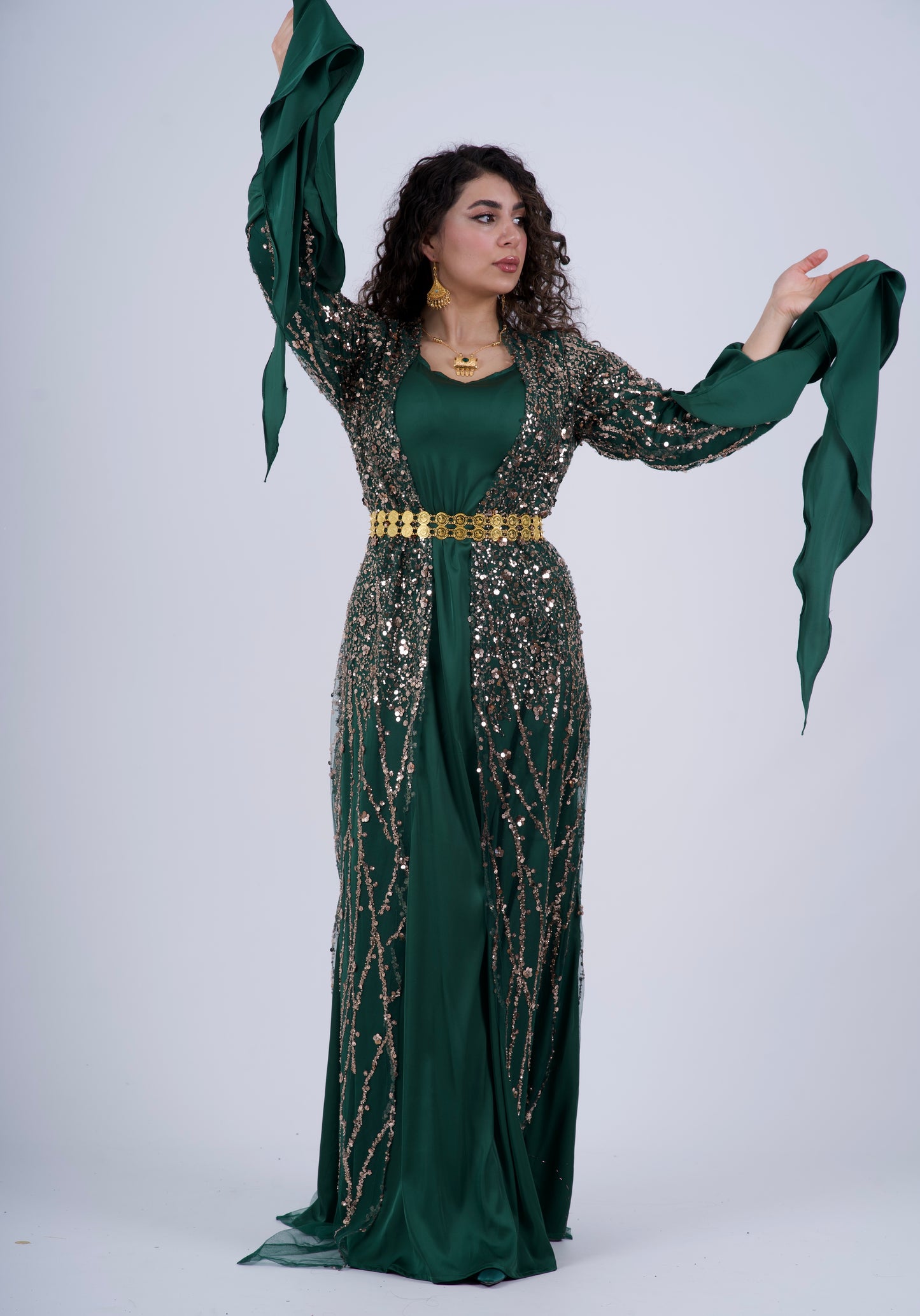 Elegant Green Kurdish Dress – Golden & Crystal Embroidery | Perfect for Newroz & Henna Nights