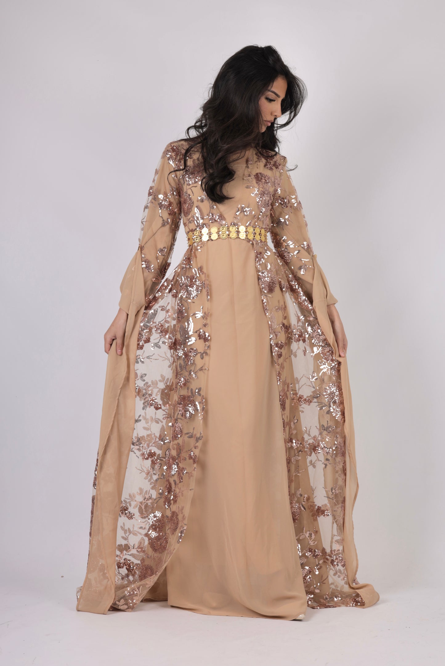 Dildar Kurdish Dress – Badini Style in champagne champagne Sequins