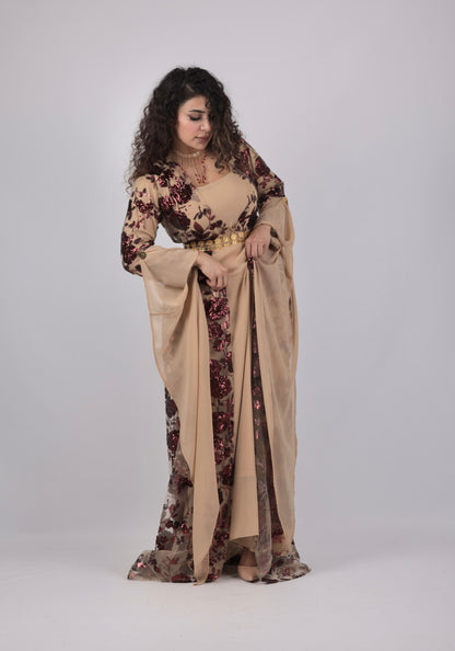 Dildar Kurdish Dress – Badini Style in Shiny Red Wine Sequins