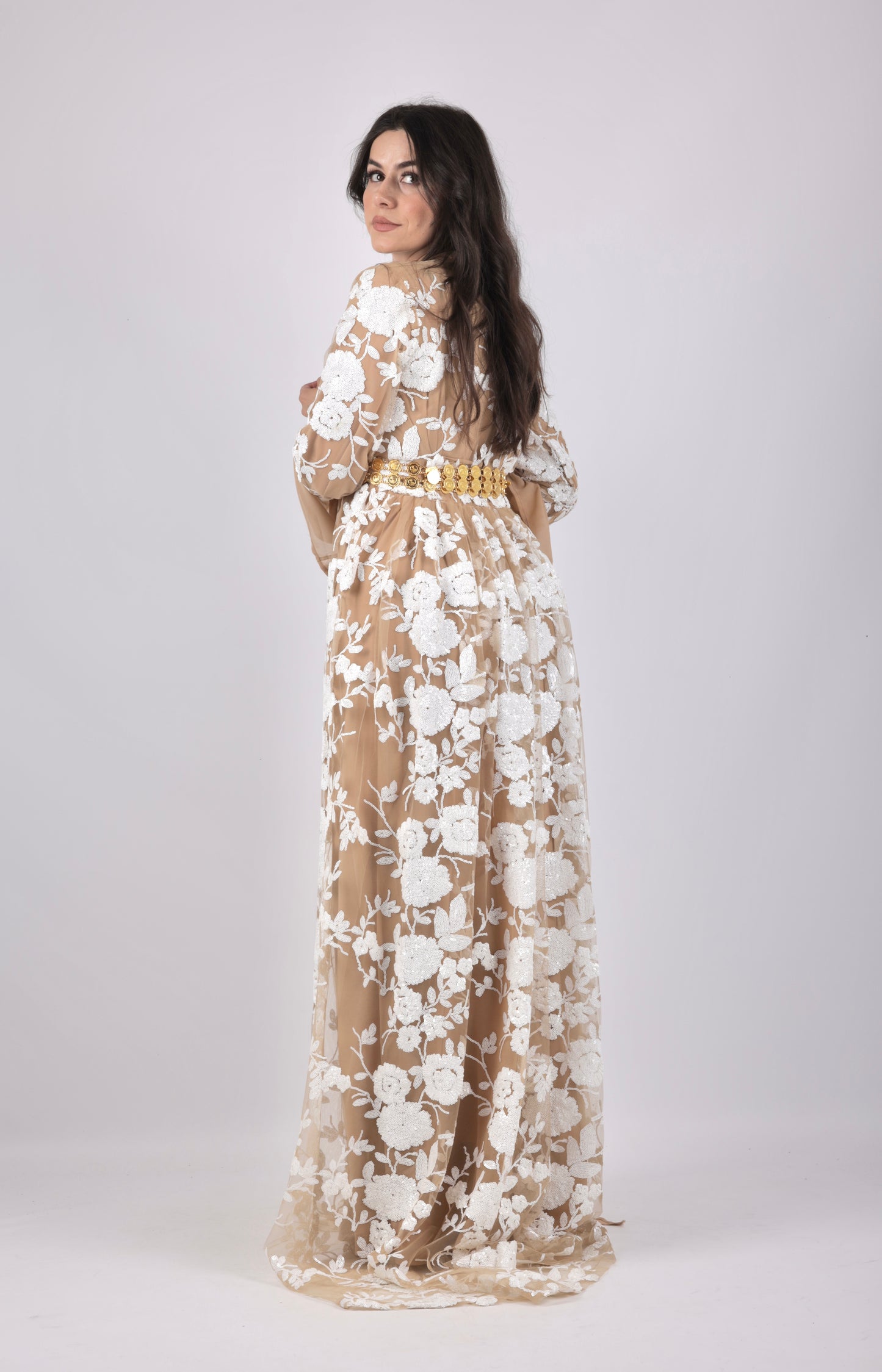 Dildar Badini Kurdish Dress pearl white with Nude