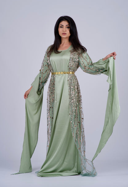 Elegant Green Kurdish Dress with Gold Embroidery – Perfect for Weddings & Newroz