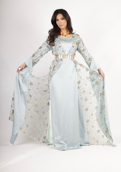 Chro Collection Badini Model – Blue Kurdish Dress with Golden Flowers (2-Piece Set)