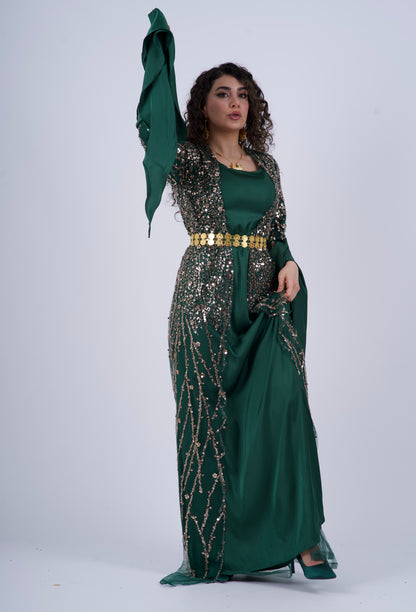 Elegant Green Kurdish Dress – Golden & Crystal Embroidery | Perfect for Newroz & Henna Nights