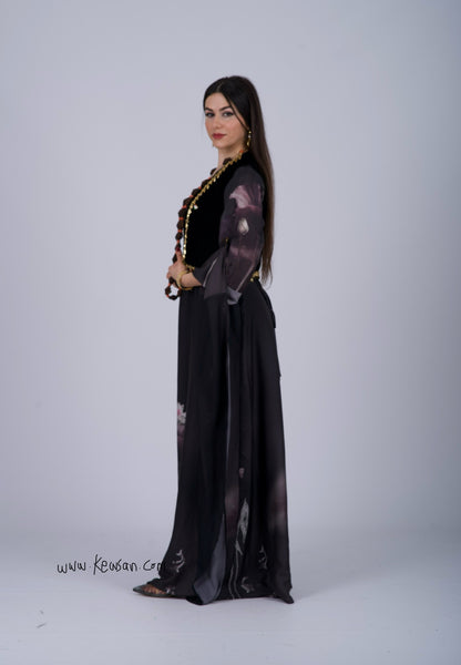 Black Satin Kurdish Dress with Velvet Hêlak and Gobarok Chain 4 items