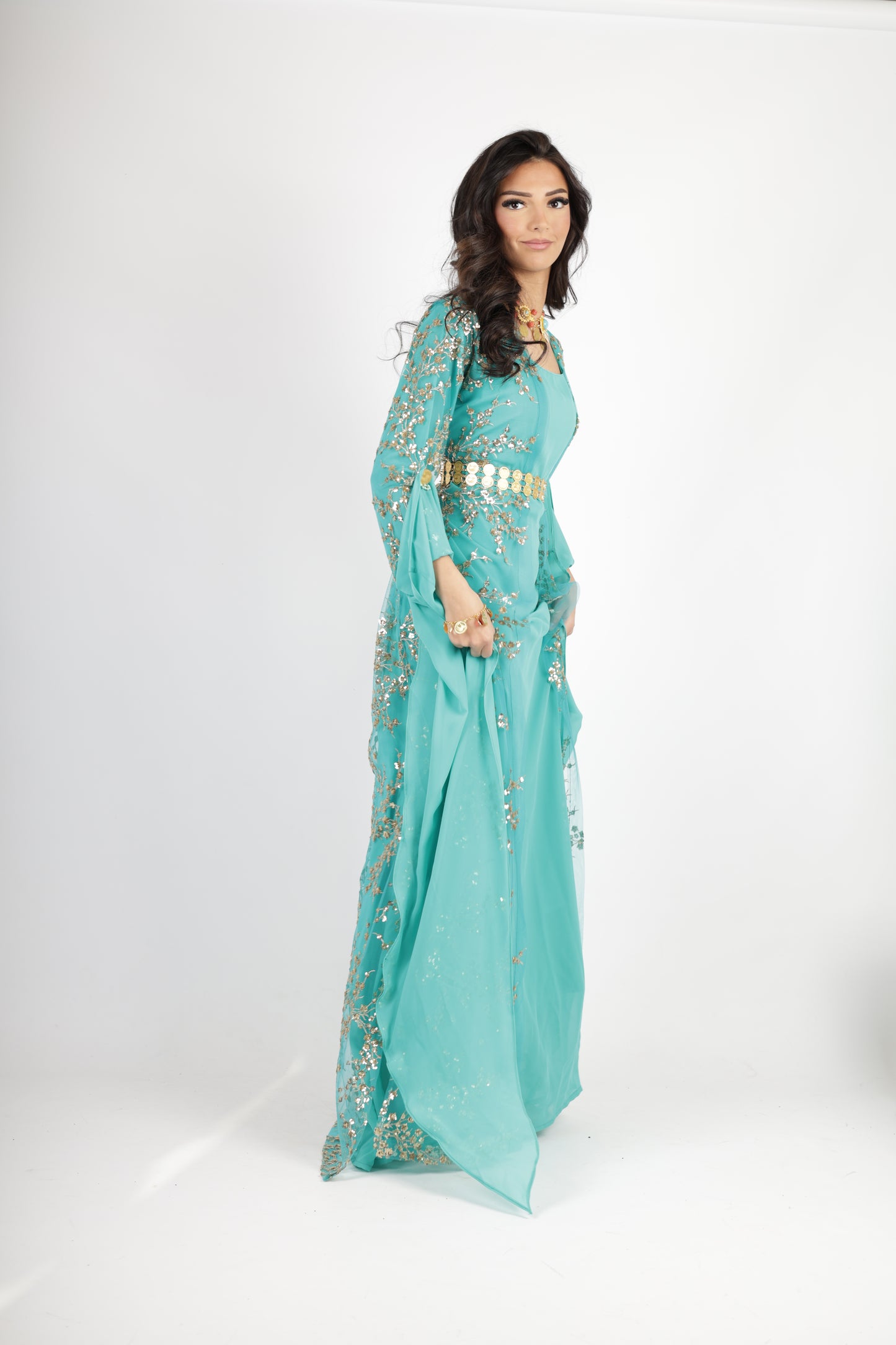Shkofe Turquoise Gold – Traditional Kurdish Dress with Golden Embroidery 3 items ( kawa , kras, underwear)