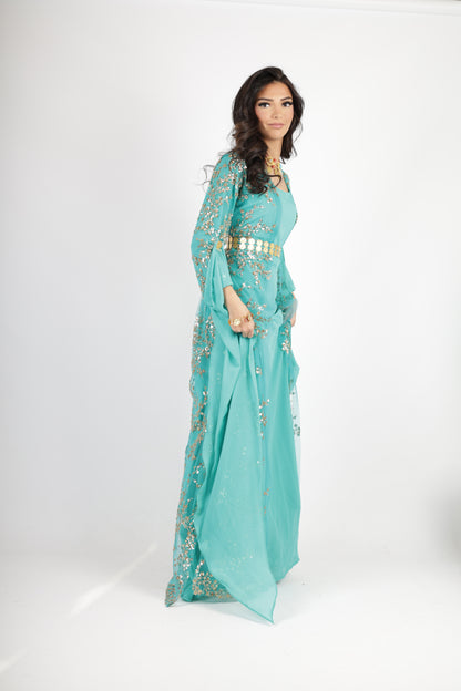 Shkofe Turquoise Gold – Traditional Kurdish Dress with Golden Embroidery 3 items ( kawa , kras, underwear)