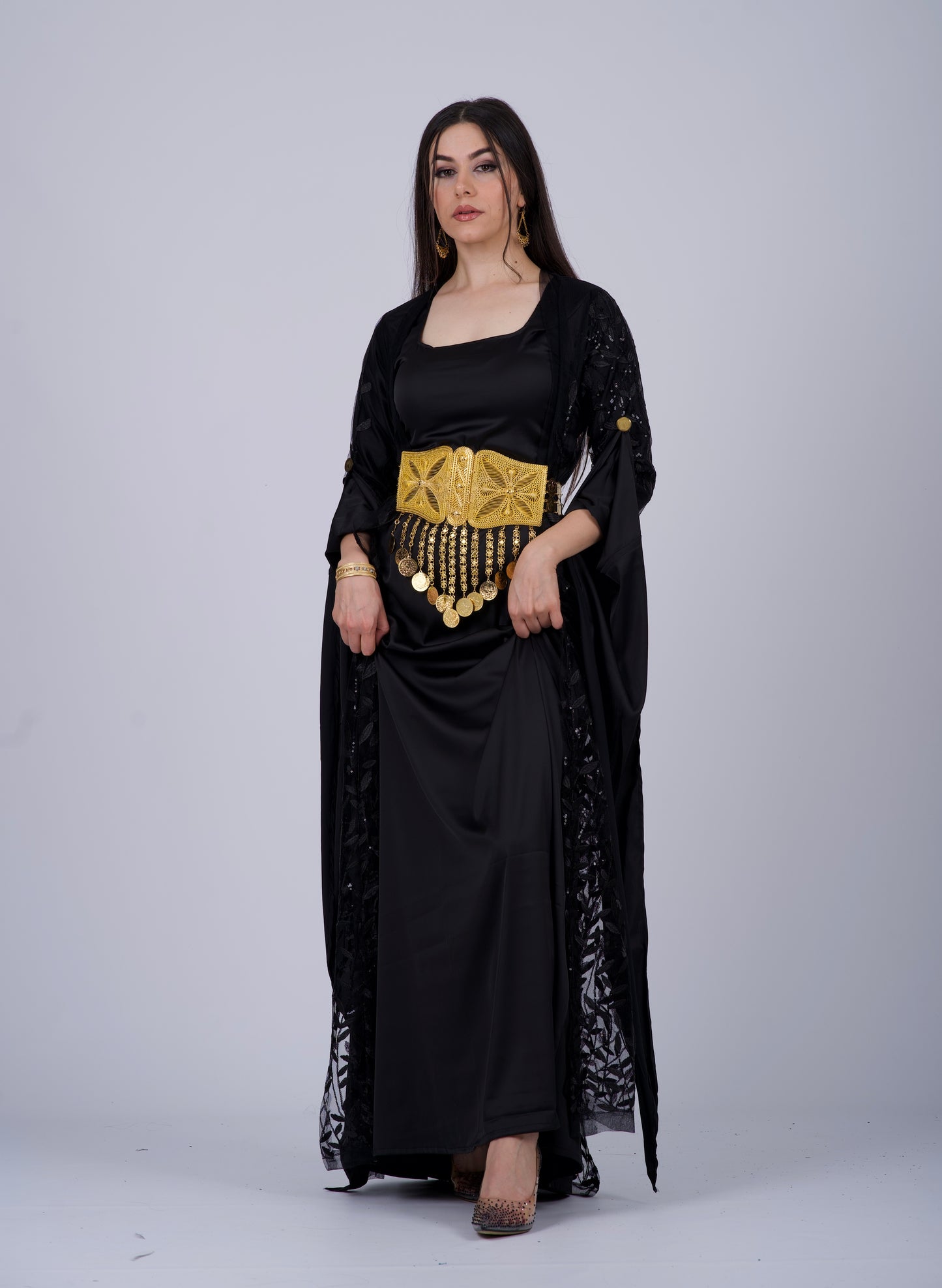 Elegant Black Kurdish Dress – Mesh Embroidered with Black Sequins