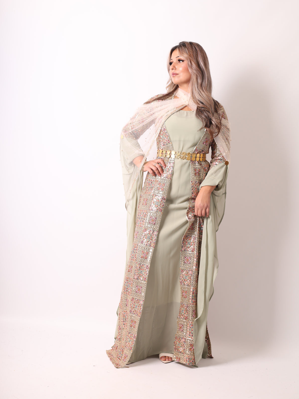 Cudi/Judi Kurdish Dress Green – Luxury Embroidered 4 -Piece Set Mint green including Dasmal