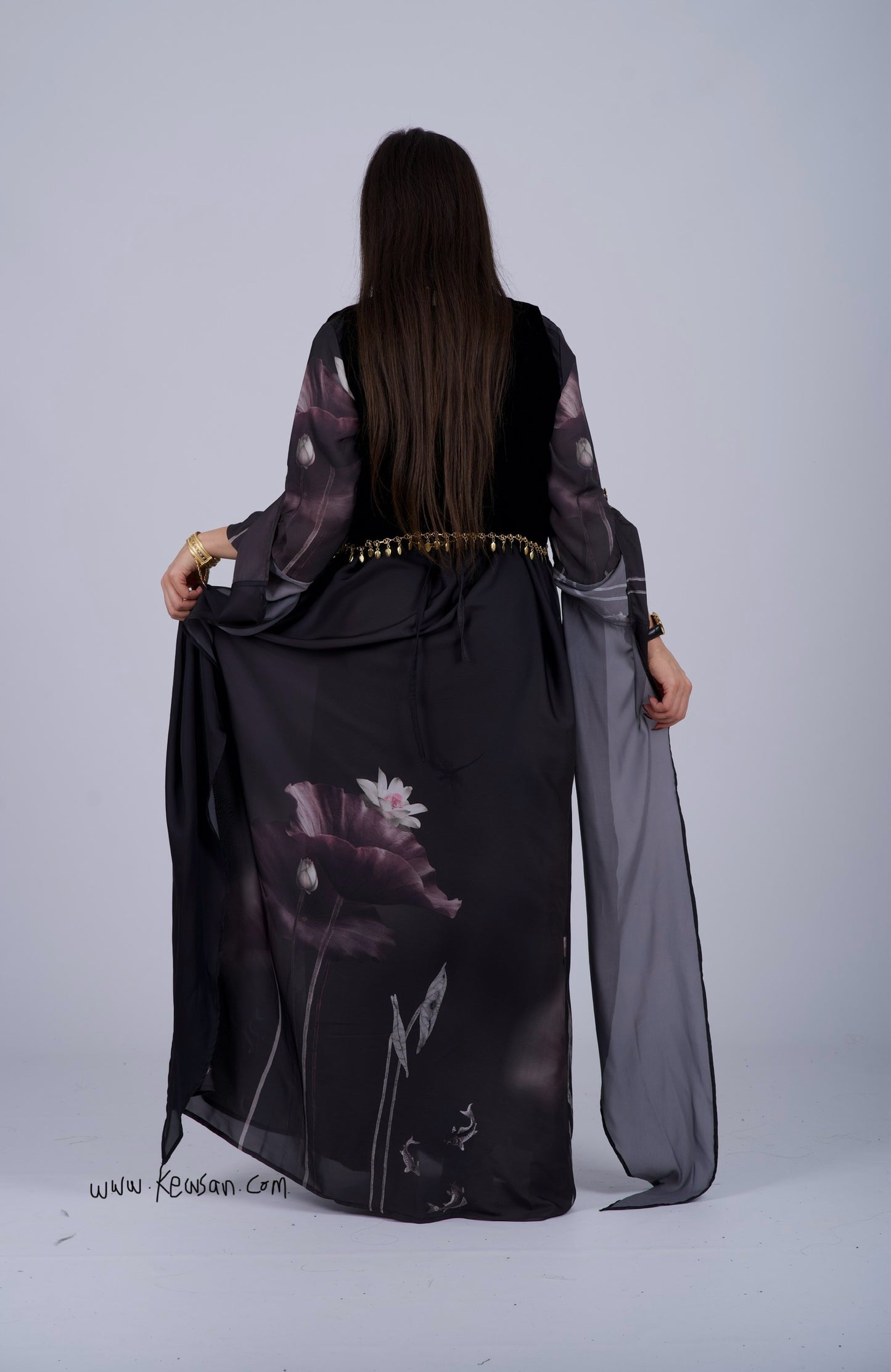 Black Satin Kurdish Dress with Velvet Hêlak and Gobarok Chain 4 items