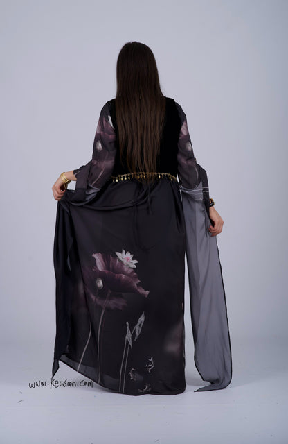 Black Satin Kurdish Dress with Velvet Hêlak and Gobarok Chain 4 items