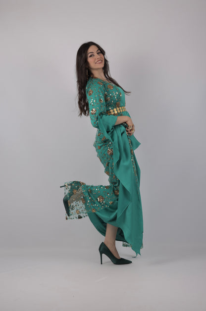 Chro Collection – Green Kurdish Dress with Golden Flower Embroidery (2-Piece Set)